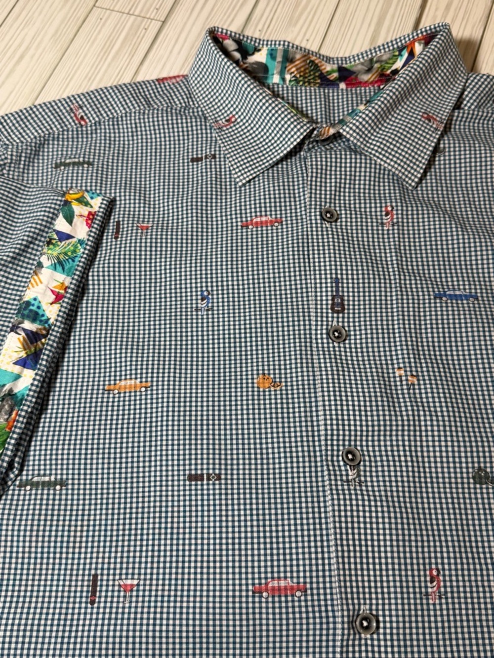 Robert Graham Mens XL Shirt Gingham Car Print Flip Cuff Cotton Button Up